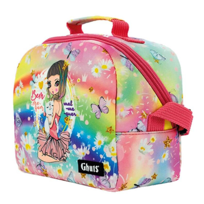 Mala térmica colorida com padrão de arco-íris, borboletas e menina desenhada