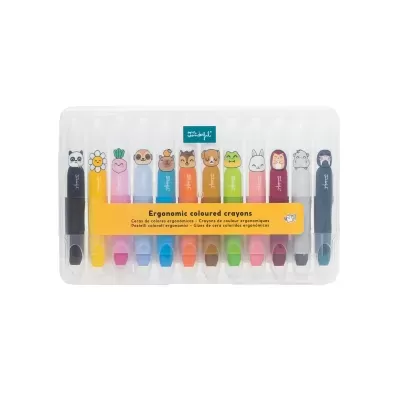 Estojo com 12 ceras de cor ergonómicas com tampas decoradas com desenhos divertidos