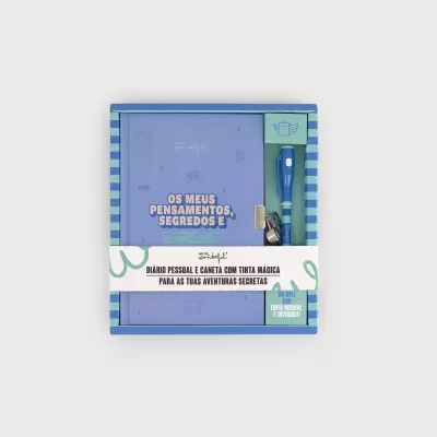 Conjunto de diário e caneta com tinta mágica embalados numa caixa azul com riscas