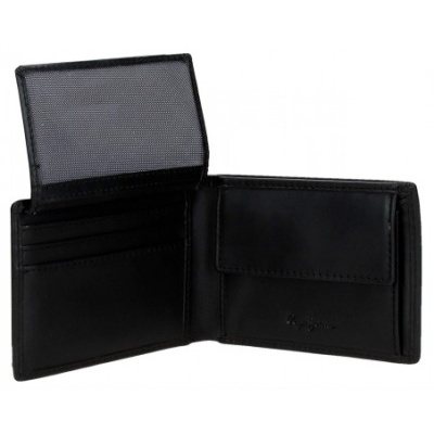 Carteira preta em pele com porta-fotos e compartimento para moedas