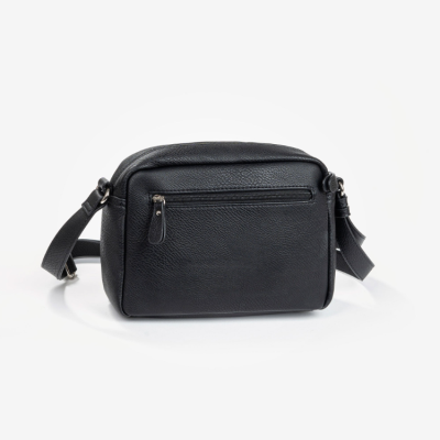 Mala tiracolo preta de pele falsa com textura granulada e fecho de correr