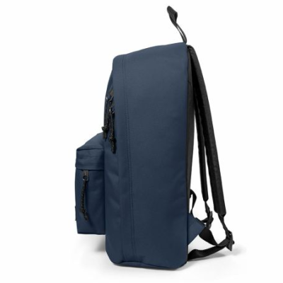 Mochila azul escuro vista de lado com alças pretas
