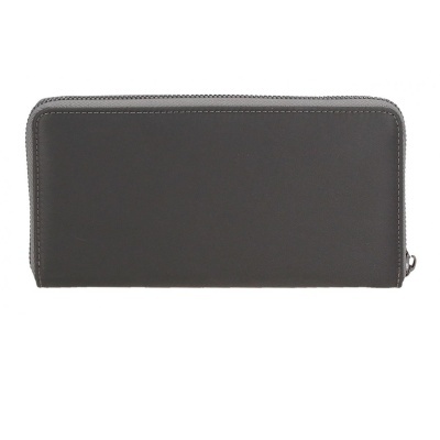 Carteira cinza escuro com fecho de correr e costura branca em fundo branco