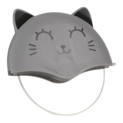 Chapéu de banho cinzento em forma de rosto de gato com olhos fechados desenhados e orelhas