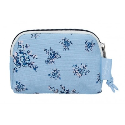 Bolsa pequena azul claro com padrão floral e fecho de correr