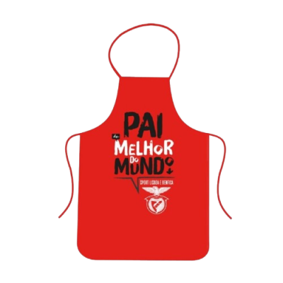 Avental vermelho com texto e logótipo do Sport Lisboa e Benfica.