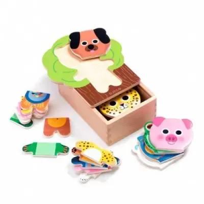 Jogo educativo de madeira com peças de animais coloridas e caixa de armazenamento.
