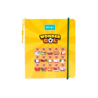 Caderno amarelo com 16 ursos desenhados e texto WONDER GOL.