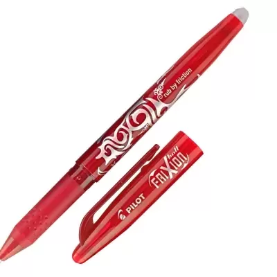 Esferográfica Pilot Frixion vermelha com tampa removida ao lado