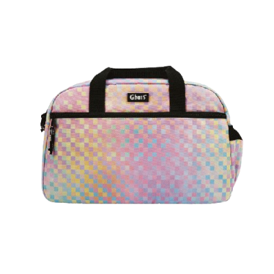 Bolsa de mão rosa com padrão quadriculado e alças pretas.