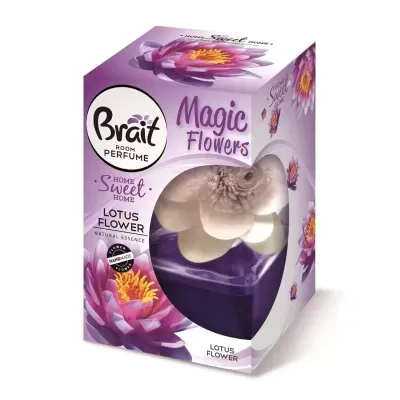 Caixa de perfume de ambiente Brait Magic Flowers com essência de flor de lótus e ilustração de flor roxa.