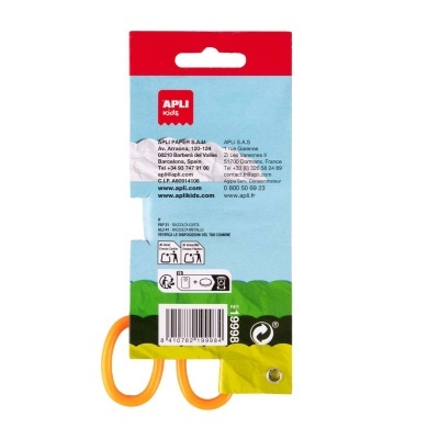 Embalagem azul com tesoura de plástico com pega laranja e texto da APLI