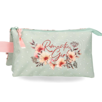 Estojo verde água com padrão de bolinhas brancas, flores cor-de-rosa e texto 'Romantic Girl'.