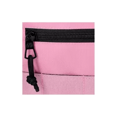 fecho de correr preto em tecido rosa com puxador de corda