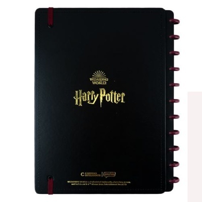 Caderno preto Harry Potter com argolas borgonha e texto dourado