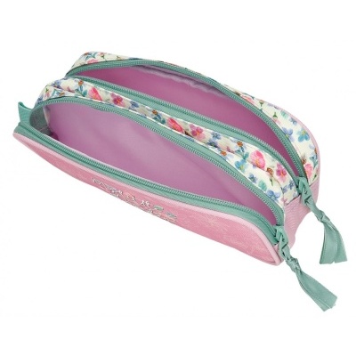 Estojo escolar com padrão floral e dois compartimentos abertos com interior rosa
