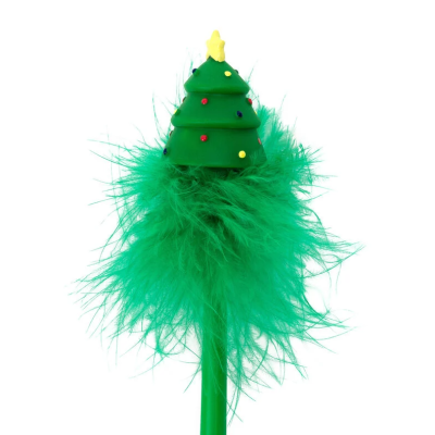 Caneta verde com decoração de árvore de Natal e penas verdes