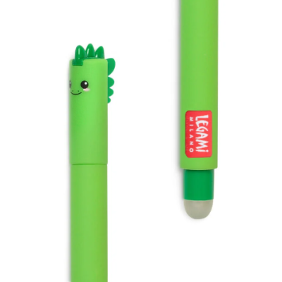 Caneta verde em forma de dinossauro com texto LEGAMI MILANO
