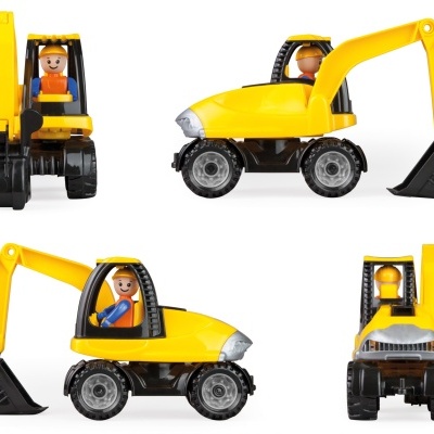 Brinquedo escavadora amarelo com figura operador