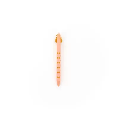 Caneta cor-de-rosa com laranjas pequenas e figura de pêra na tampa