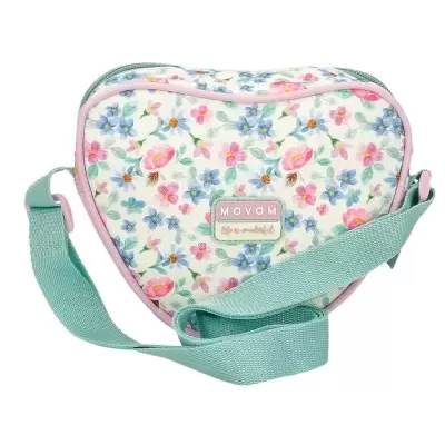 Mala coração floral com alça verde-água e etiqueta MOVOM