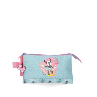 Estojo azul claro com corações brancos e imagem da Minnie Mouse com laço rosa