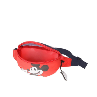 Pochete vermelha com desenho do Mickey Mouse e correia azul escura