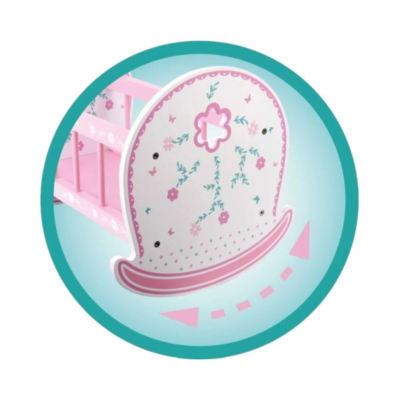 ilustração de mobília infantil rosa com desenhos florais e setas indicando movimento