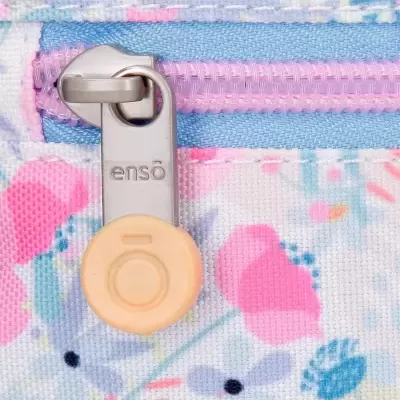 Fecho de correr prateado com padrão floral azul, rosa e lilás