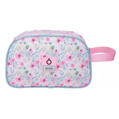Necessaire rosa com padrão floral e alça lateral rosa