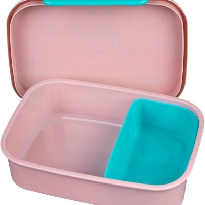 Marmita de plástico rosa com compartimento azul