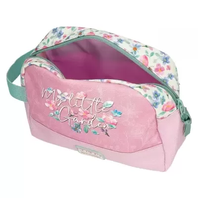 Necessaire rosa com padrão floral e texto 'My little Garden'