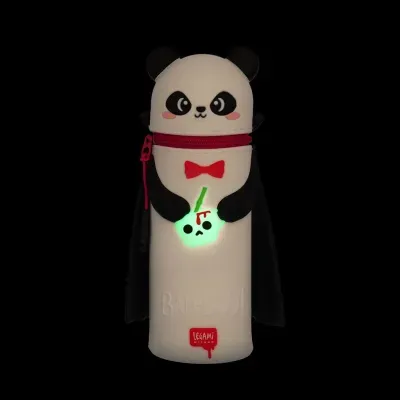 Estojo panda branco e preto com detalhes vermelhos e figura luminosa de caveira