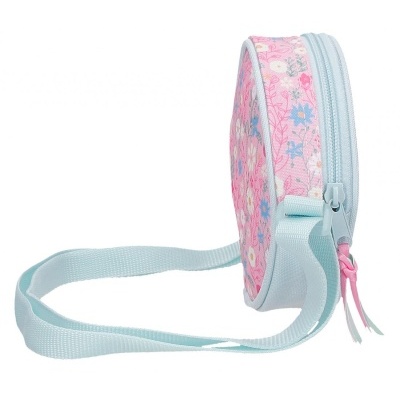 Bolsa redonda floral rosa com alça azul claro