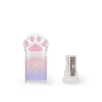 Apontador em forma de pata de gato com almofadas cor-de-rosa e degradê lilás a rosa