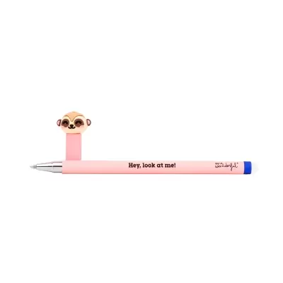 Caneta rosa com tampa com cabeça de suricato e embalagem branca colorida