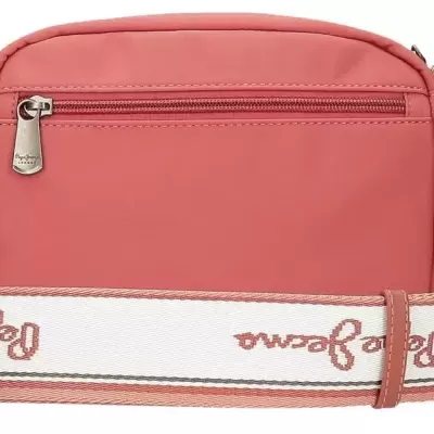 Bolsa pequena rosa com alça branca com texto Pepe Jeans
