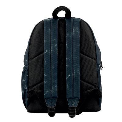 Mochila preta vista de trás com alças acolchoadas azuis escuras com padrão marmoreado
