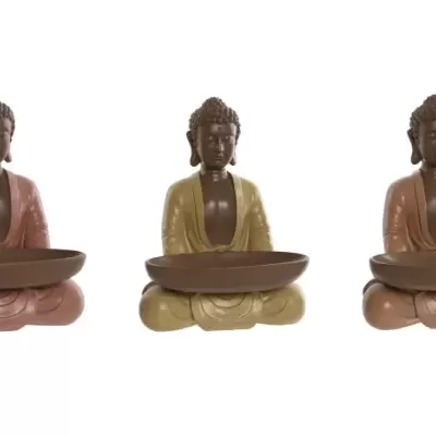 Três estátuas de Buda em diferentes cores, cada uma segurando uma tigela grande na frente