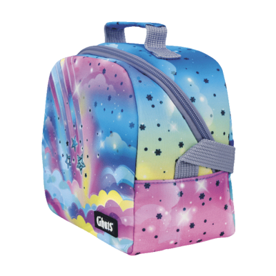 Bolsa térmica colorida com padrão de nuvens e estrelas e alça cinza