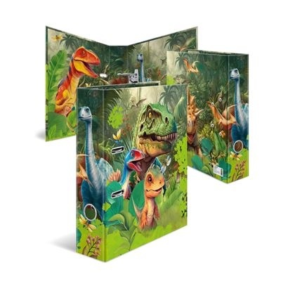 Cadernos com capa de dinossauros coloridos em ambiente de floresta tropical