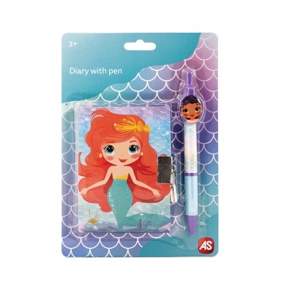 Diário infantil com caneta com tema de sereia, embalagem azul e roxa com escamas.