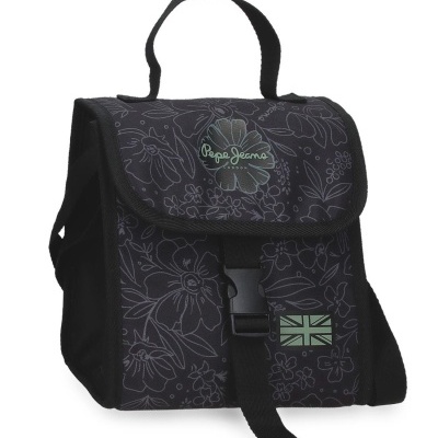 Mala preta com padrão floral cinza e estampas Pepe Jeans e bandeira