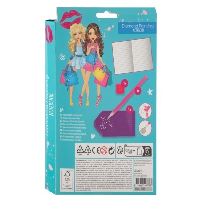 Embalagem azul-turquesa de Diamond Painting Notebook com duas raparigas desenhadas e imagens do produto.