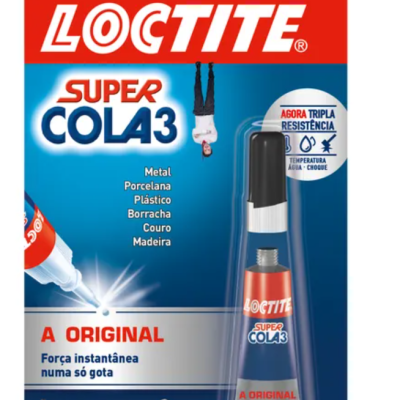 Cola instantânea Loctite Super Cola 3 em embalagem azul, vermelho e branco
