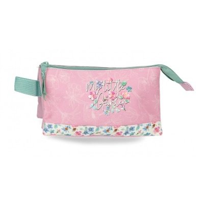 Nécessaire rosa com bordado e fecho verde claro