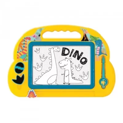 Tabuleiro de desenho magnético amarelo com desenho de dinossauros e texto DINo