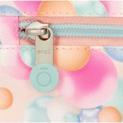 Fecho de correr com puxador redondo azul claro e padrão de bolas coloridas num tecido.