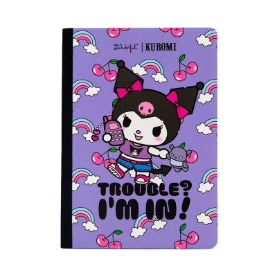 Caderno lilás com personagem Kuromi e texto TROUBLE? IM IN!