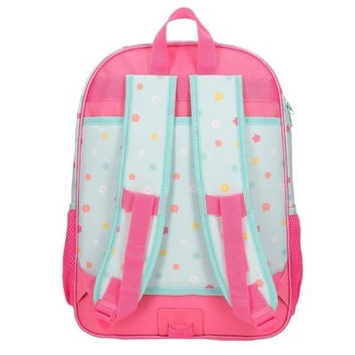 mochila infantil rosa com flores coloridas nas alças